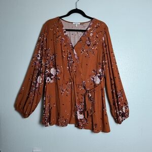 Maurice's Faux Wrap Top Blouse Plus Size 1X Brown Floral Casual